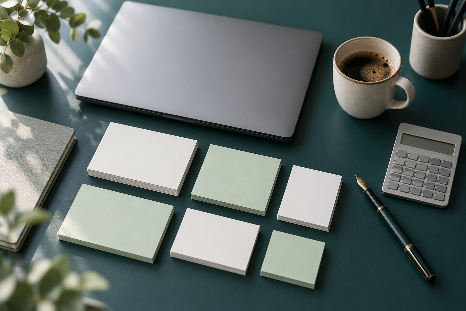 An orderly desk with neatly arranged blank cards, a calculator, a pen, a coffee cup and a closed laptop